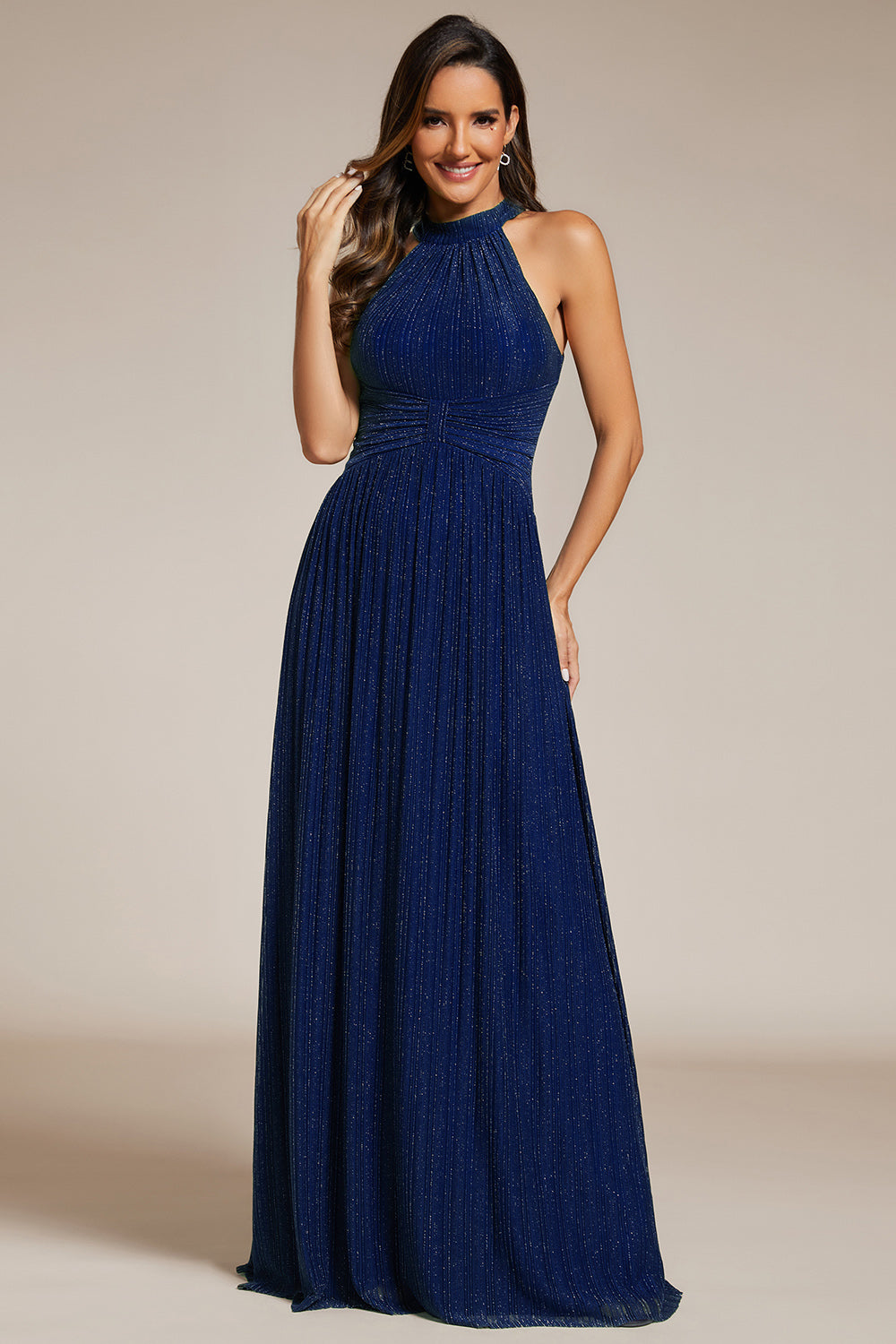 Glittery Halter Neck Pleated Formal Wholesale Evening Dress
