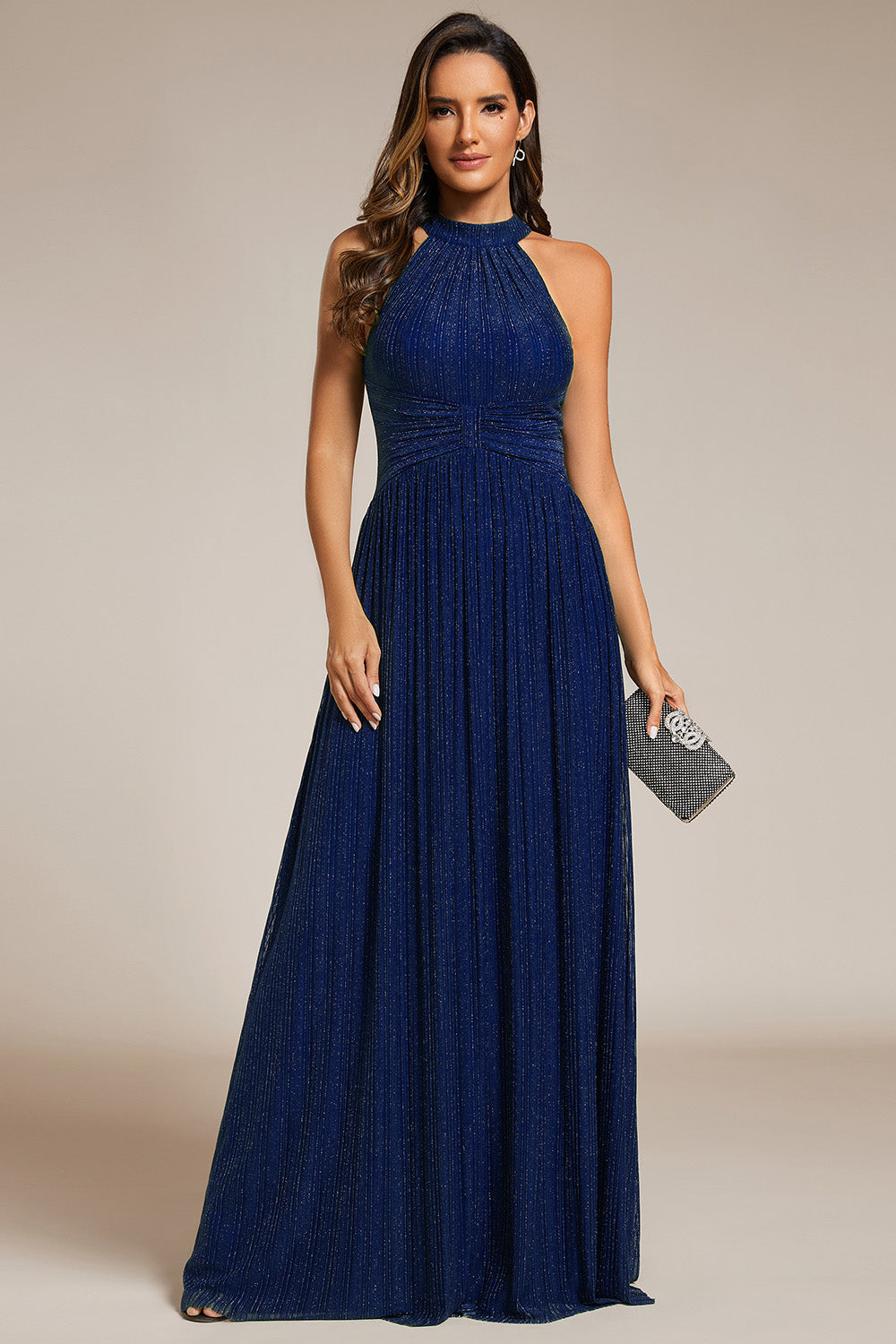 Glittery Halter Neck Pleated Formal Wholesale Evening Dress
