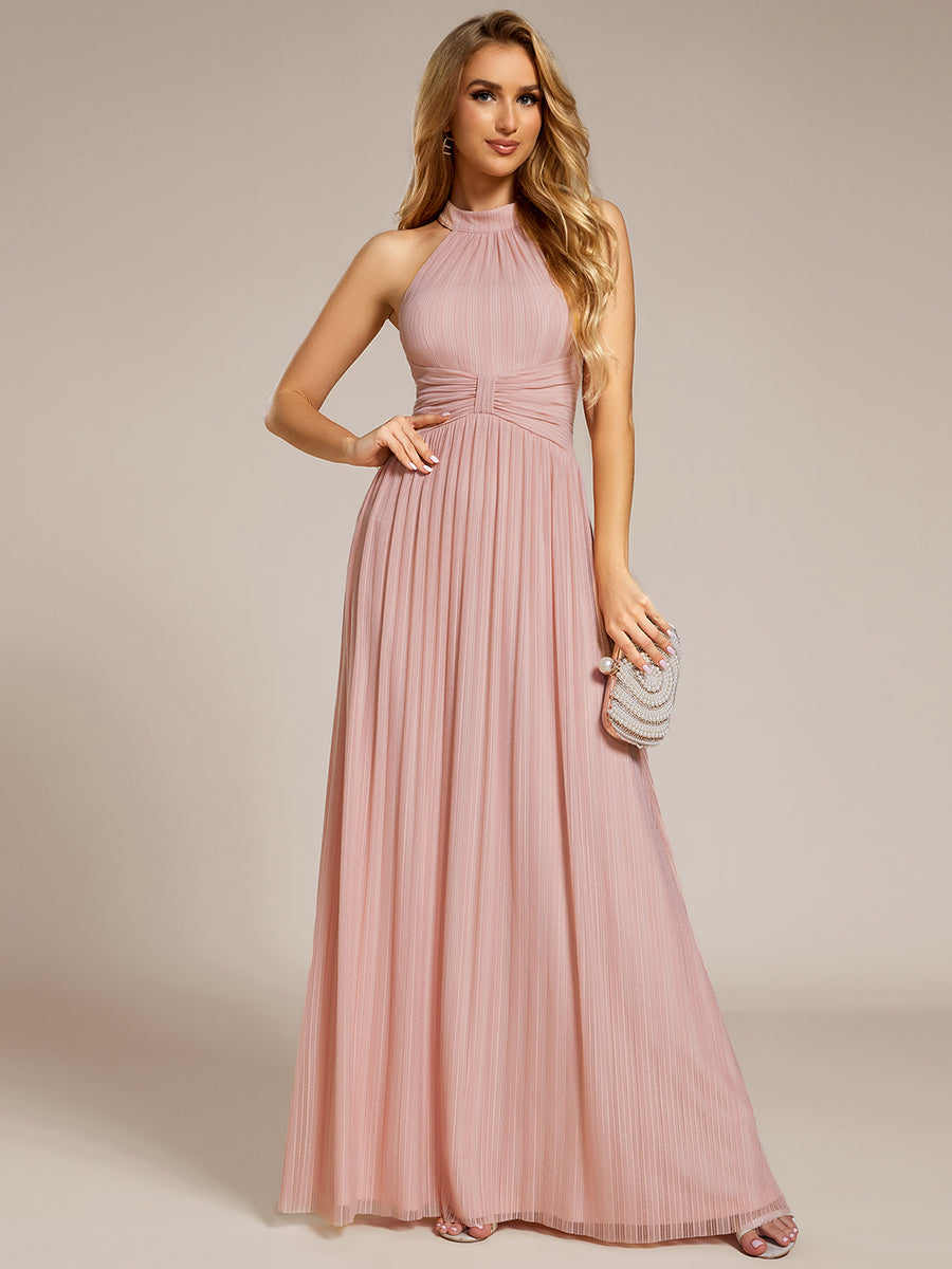 Color=Pink | Glittery Halter Neck Pleated Formal Wholesale Evening Dress-Pink 1