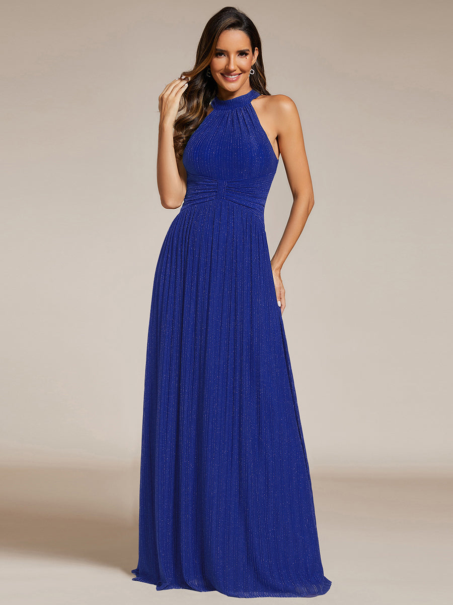 Color=Sapphire Blue | Glittery Halter Neck Pleated Formal Wholesale Evening Dress-Sapphire Blue 34