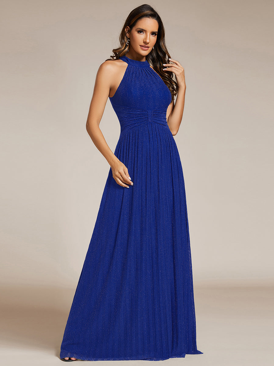 Color=Sapphire Blue | Glittery Halter Neck Pleated Formal Wholesale Evening Dress-Sapphire Blue 35