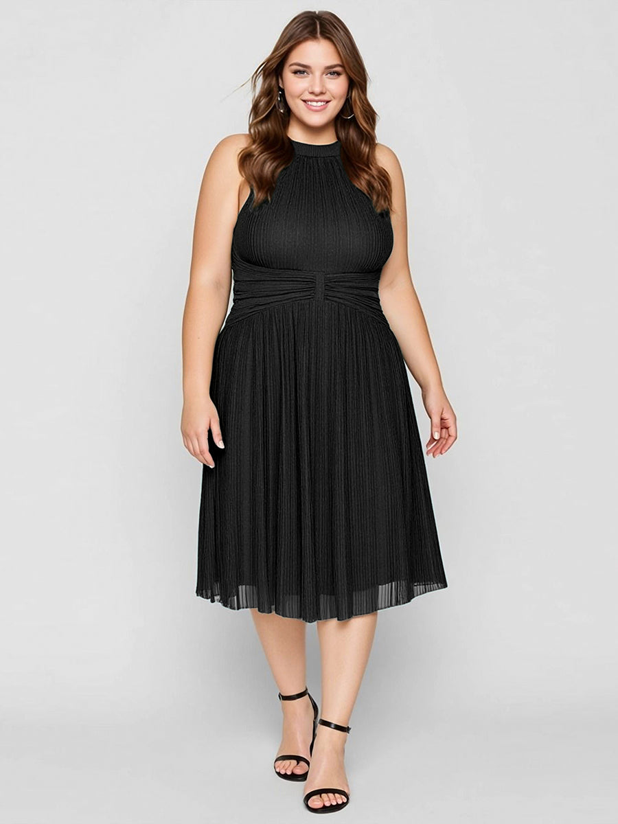 Color=Black | Factory Design Slightly Stretchy Halter Neck Sleeveless A-Line Midi Evening Dresses-Black 5