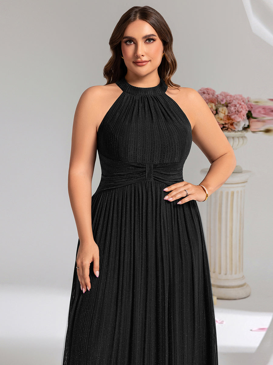 Color=Black | Factory Design Slightly Stretchy Halter Neck Sleeveless A-Line Midi Evening Dresses-Black 8