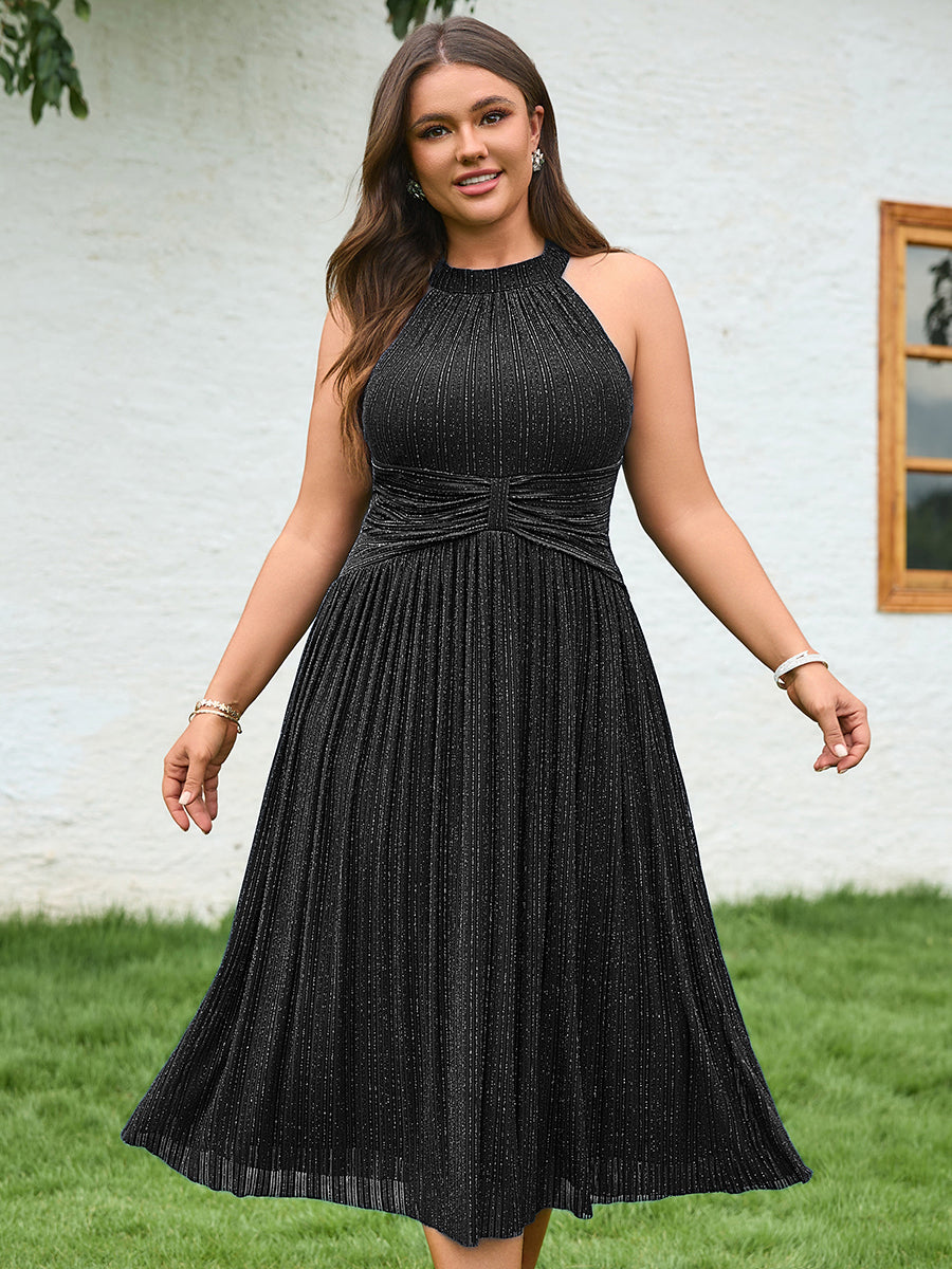 Color=Black | Factory Design Slightly Stretchy Halter Neck Sleeveless A-Line Midi Evening Dresses-Black 7