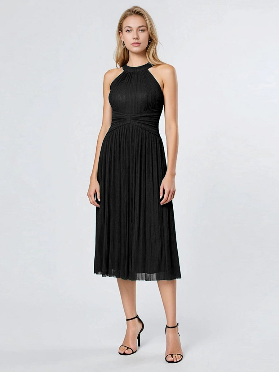 Color=Black | Factory Design Slightly Stretchy Halter Neck Sleeveless A-Line Midi Evening Dresses-Black 1