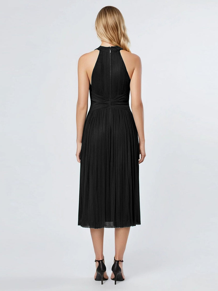 Color=Black | Factory Design Slightly Stretchy Halter Neck Sleeveless A-Line Midi Evening Dresses-Black 2