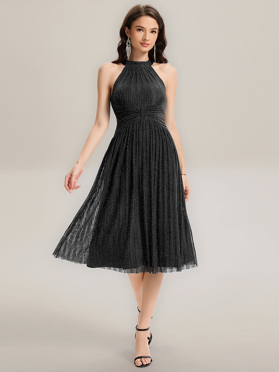 Color=Black | Factory Design Slightly Stretchy Halter Neck Sleeveless A-Line Midi Evening Dresses-Black 3