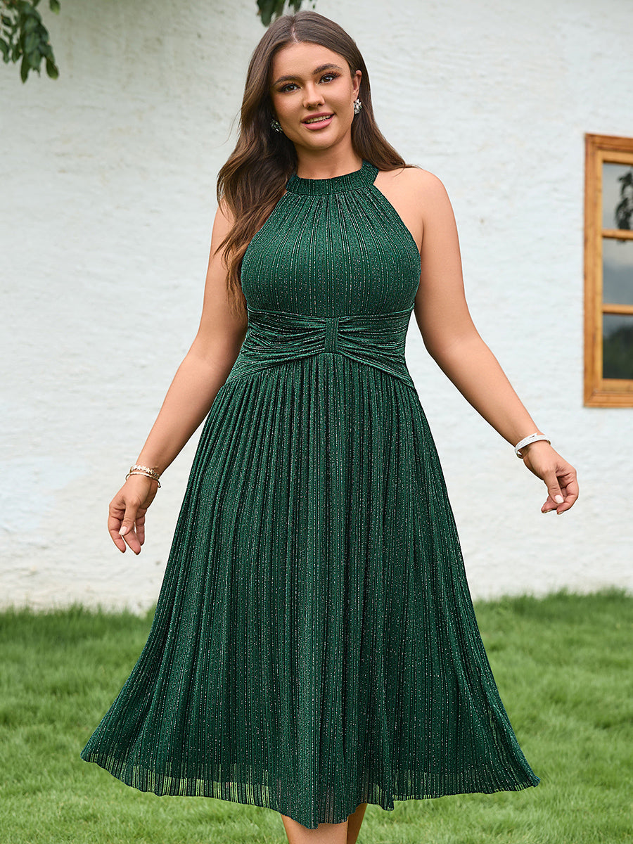 Color=Dark Green | Factory Design Slightly Stretchy Halter Neck Sleeveless A-Line Midi Evening Dresses-Dark Green 14