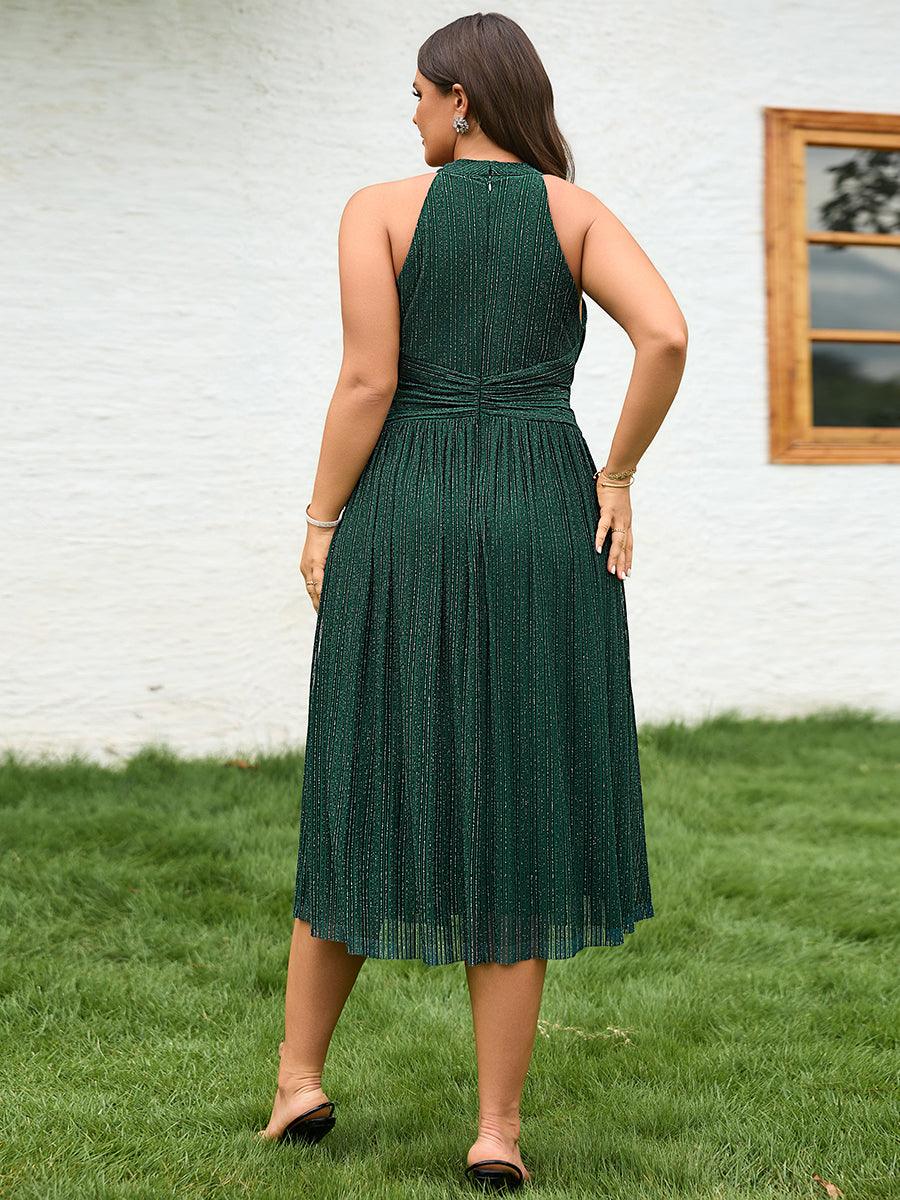 Color=Dark Green | Factory Design Slightly Stretchy Halter Neck Sleeveless A-Line Midi Evening Dresses-Dark Green 15