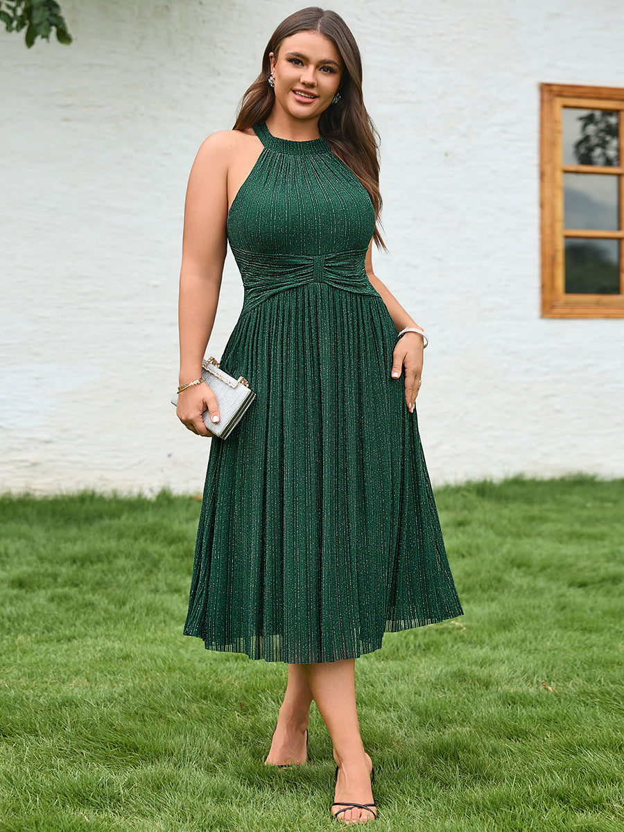 Color=Dark Green | Factory Design Slightly Stretchy Halter Neck Sleeveless A-Line Midi Evening Dresses-Dark Green 17