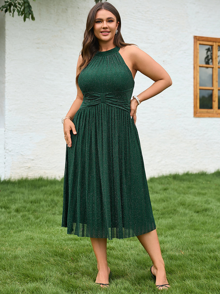 Color=Dark Green | Factory Design Slightly Stretchy Halter Neck Sleeveless A-Line Midi Evening Dresses-Dark Green 18