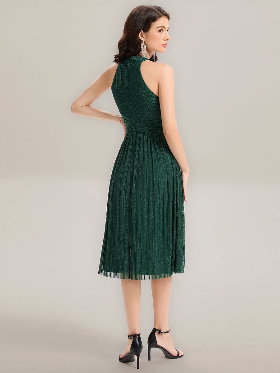 Color=Dark Green | Factory Design Slightly Stretchy Halter Neck Sleeveless A-Line Midi Evening Dresses-Dark Green 10