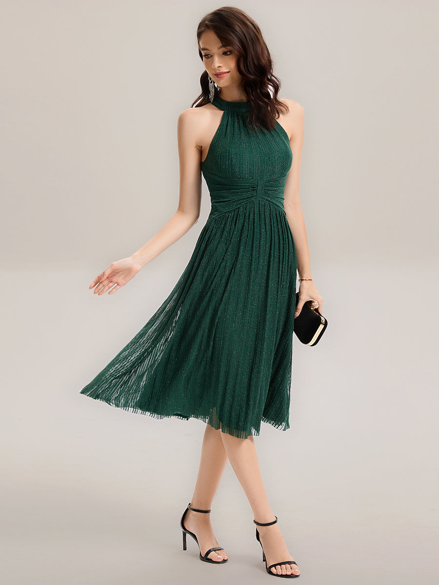Color=Dark Green | Factory Design Slightly Stretchy Halter Neck Sleeveless A-Line Midi Evening Dresses-Dark Green 12