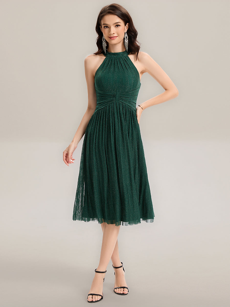 Color=Dark Green | Factory Design Slightly Stretchy Halter Neck Sleeveless A-Line Midi Evening Dresses-Dark Green 13