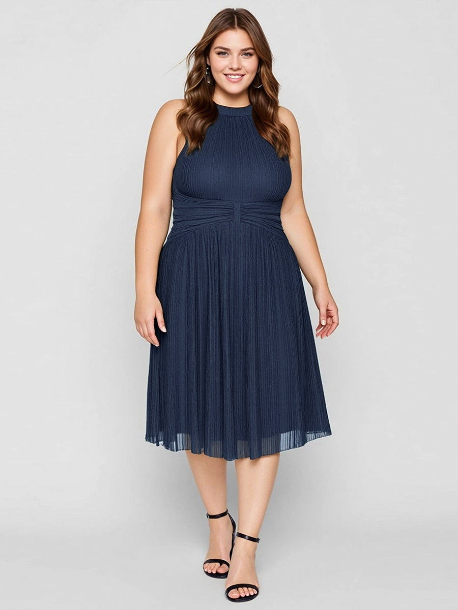 Color=Navy Blue | Factory Design Slightly Stretchy Halter Neck Sleeveless A-Line Midi Evening Dresses-Navy Blue 23