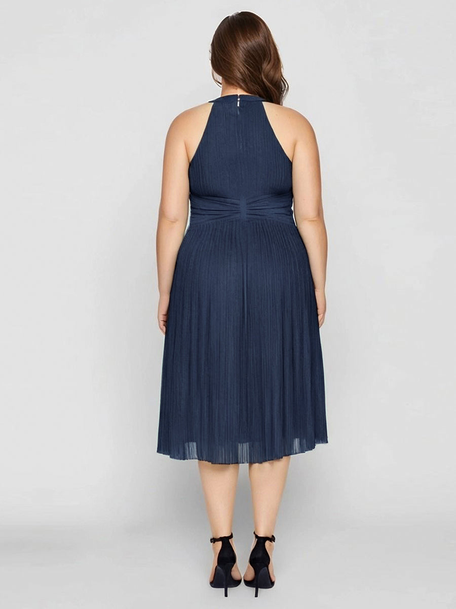 Color=Navy Blue | Factory Design Slightly Stretchy Halter Neck Sleeveless A-Line Midi Evening Dresses-Navy Blue 24