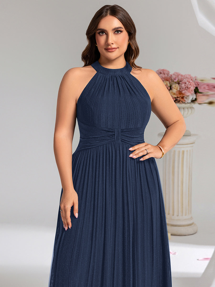 Color=Navy Blue | Factory Design Slightly Stretchy Halter Neck Sleeveless A-Line Midi Evening Dresses-Navy Blue 26