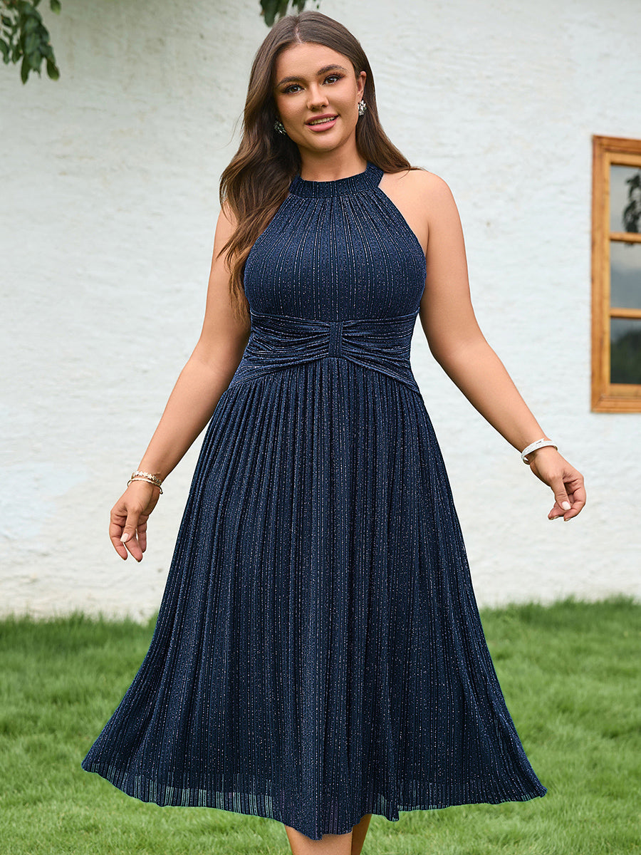 Color=Navy Blue | Factory Design Slightly Stretchy Halter Neck Sleeveless A-Line Midi Evening Dresses-Navy Blue 25