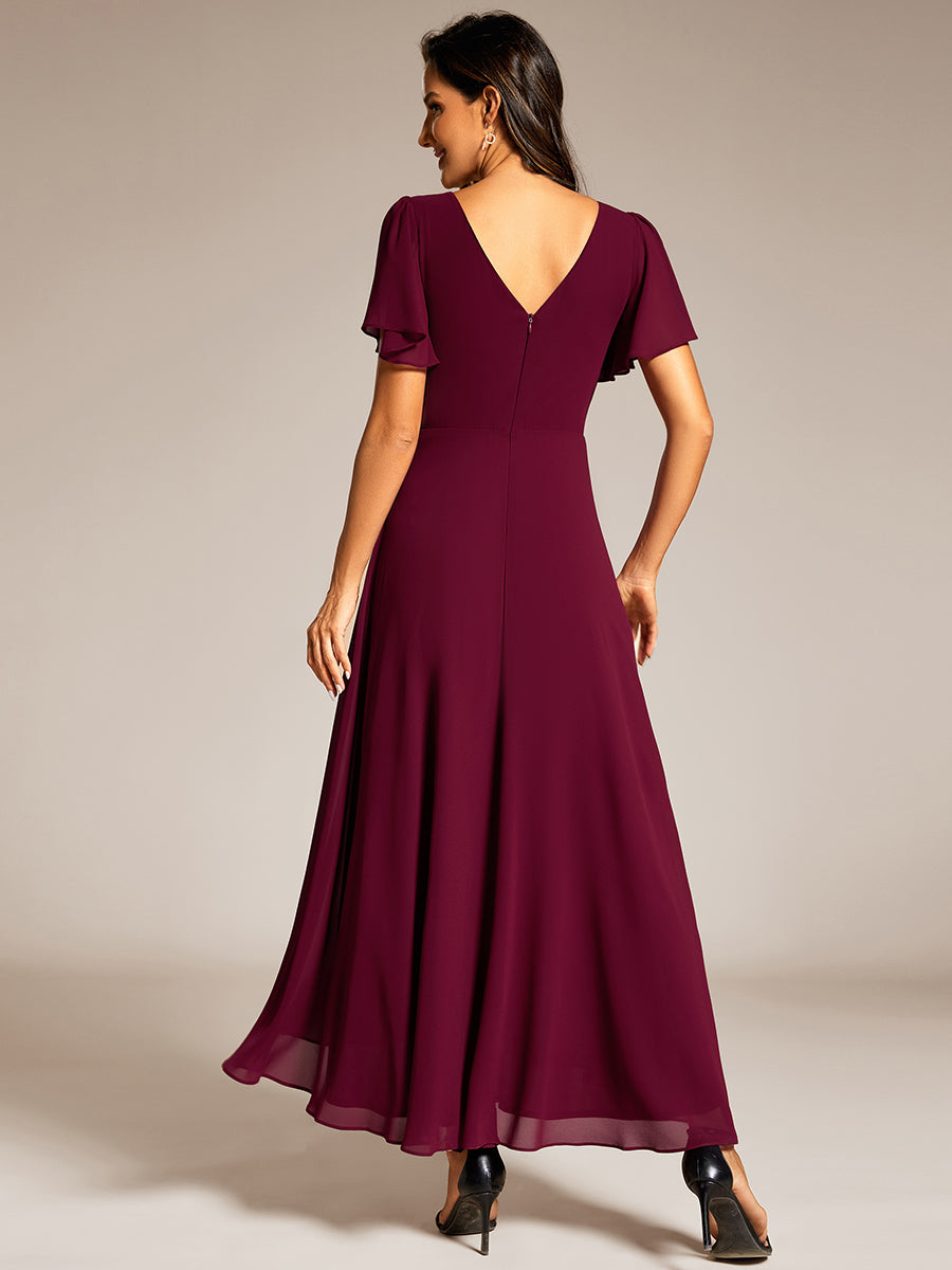 Color=Burgundy | Elegant Asymmetrical A-Line Skirt Nine-Length Chiffon Dresses with Ruffles Sleeves - EE41988-Burgundy 2
