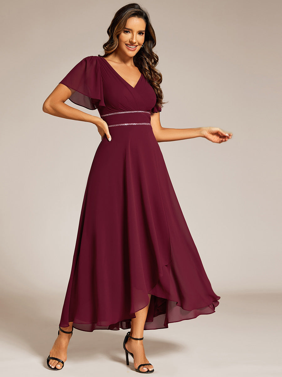 Color=Burgundy | Elegant Asymmetrical A-Line Skirt Nine-Length Chiffon Dresses with Ruffles Sleeves-Burgundy 3