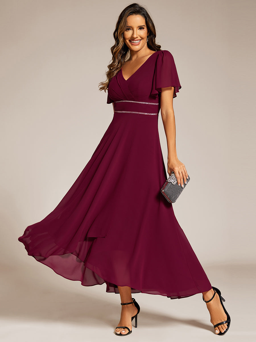 Color=Burgundy | Elegant Asymmetrical A-Line Skirt Nine-Length Chiffon Dresses with Ruffles Sleeves - EE41988-Burgundy 1