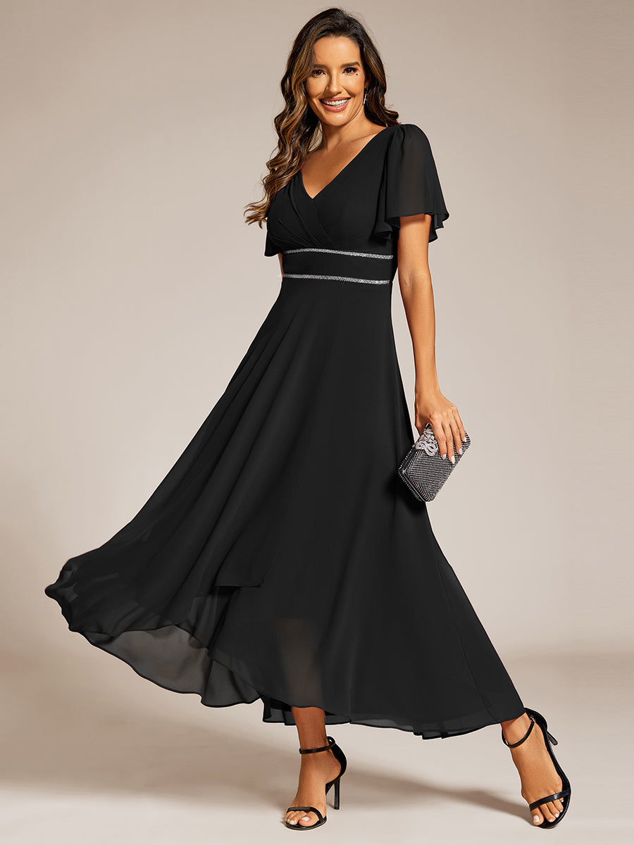 Color=Black | Elegant Asymmetrical A-Line Skirt Nine-Length Chiffon Dresses with Ruffles Sleeves - EE41988-Black 1