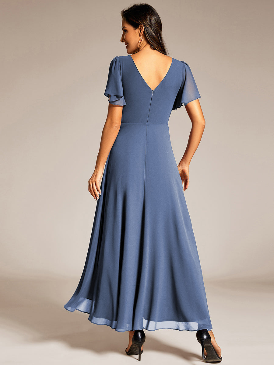 Color=Dusty Blue | Elegant Asymmetrical A-Line Skirt Nine-Length Chiffon Dresses with Ruffles Sleeves - EE41988-Dusty Blue 2