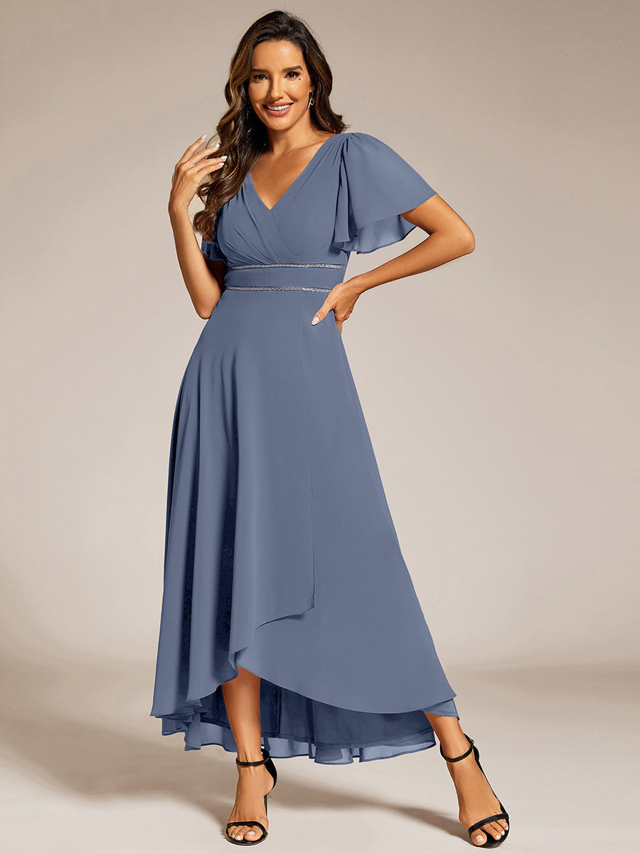Color=Dusty Blue | Elegant Asymmetrical A-Line Skirt Nine-Length Chiffon Dresses with Ruffles Sleeves - EE41988-Dusty Blue 4