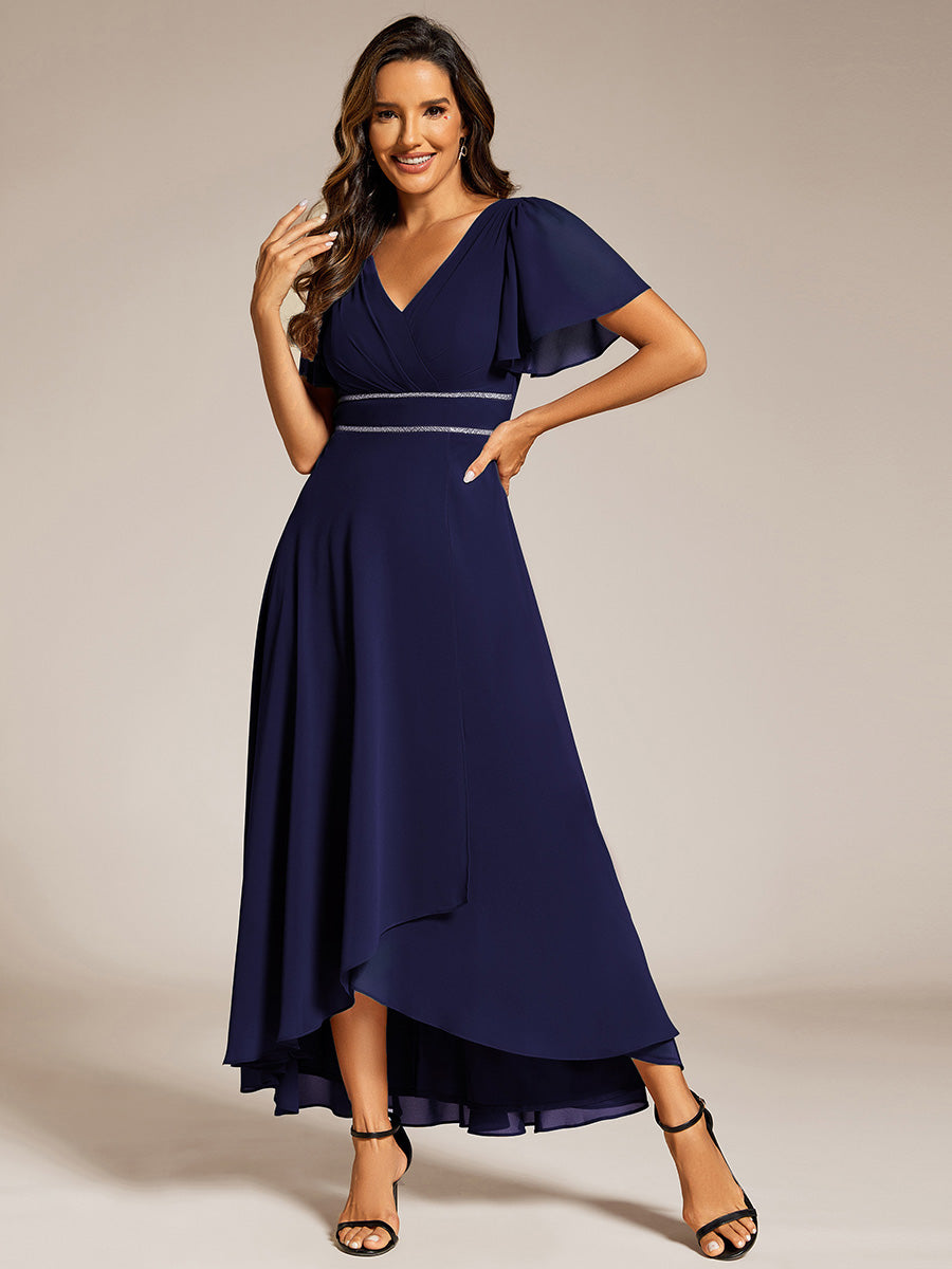 Color=Navy Blue | Elegant Asymmetrical A-Line Skirt Nine-Length Chiffon Dresses with Ruffles Sleeves-Navy Blue 4