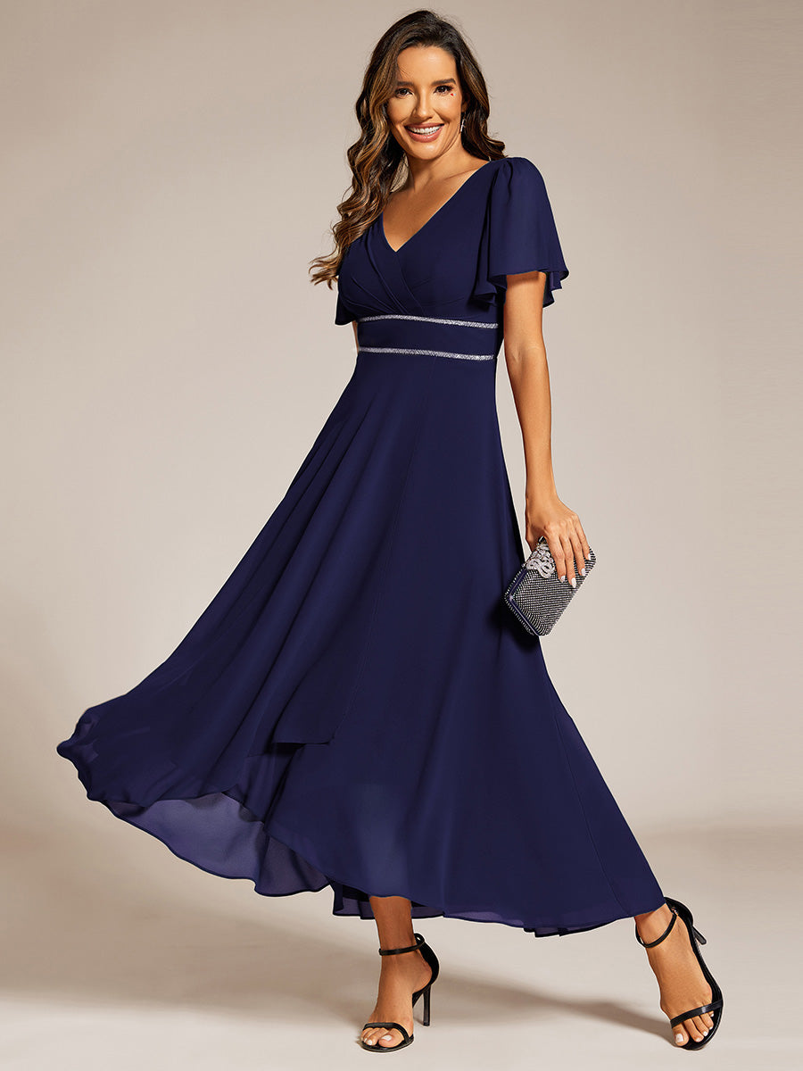 Color=Navy Blue | Elegant Asymmetrical A-Line Skirt Nine-Length Chiffon Dresses with Ruffles Sleeves - EE41988-Navy Blue 1