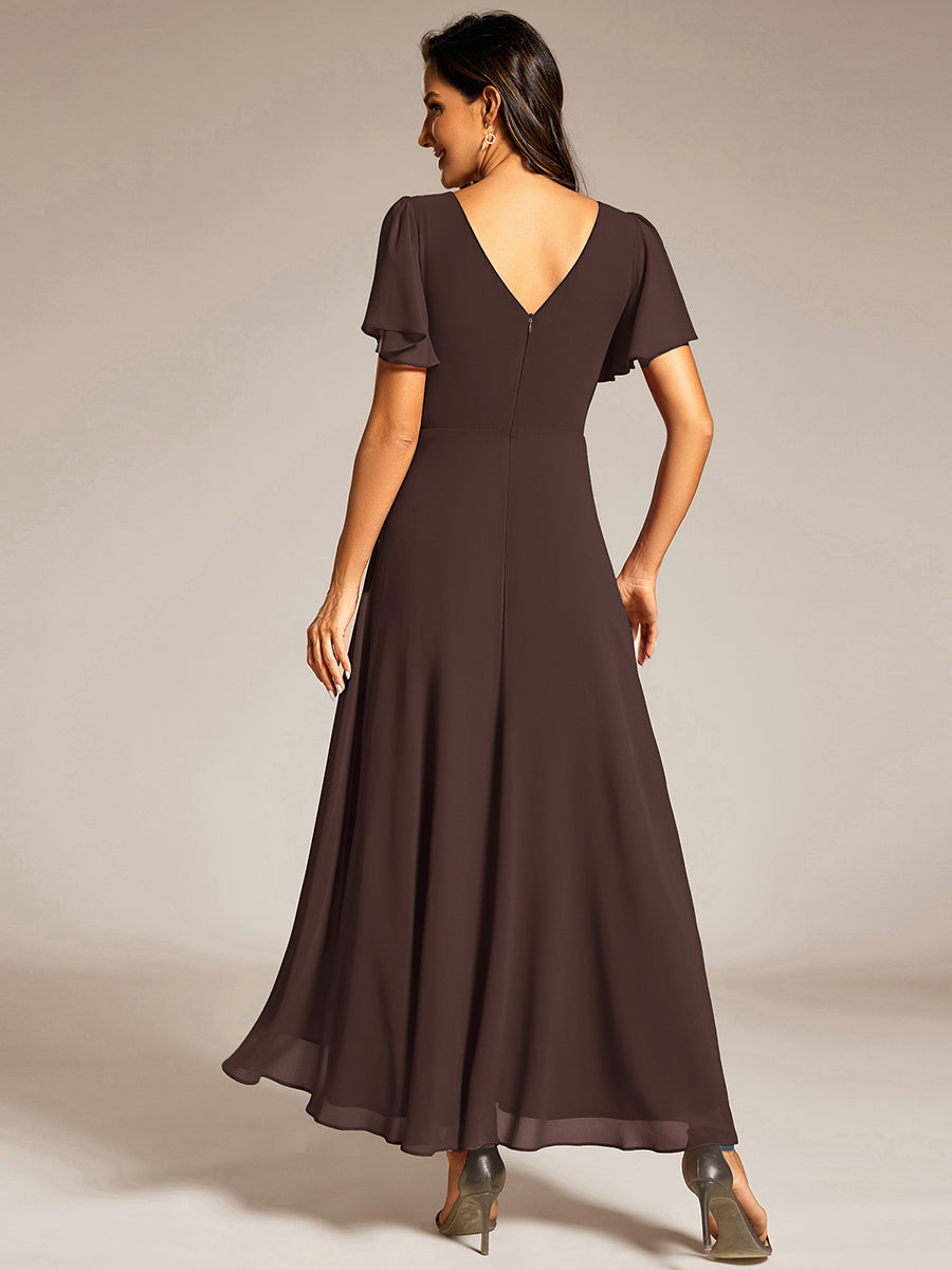 Color=Espresso | Elegant Asymmetrical A-Line Skirt Nine-Length Chiffon Dresses with Ruffles Sleeves - EE41988-Espresso 2