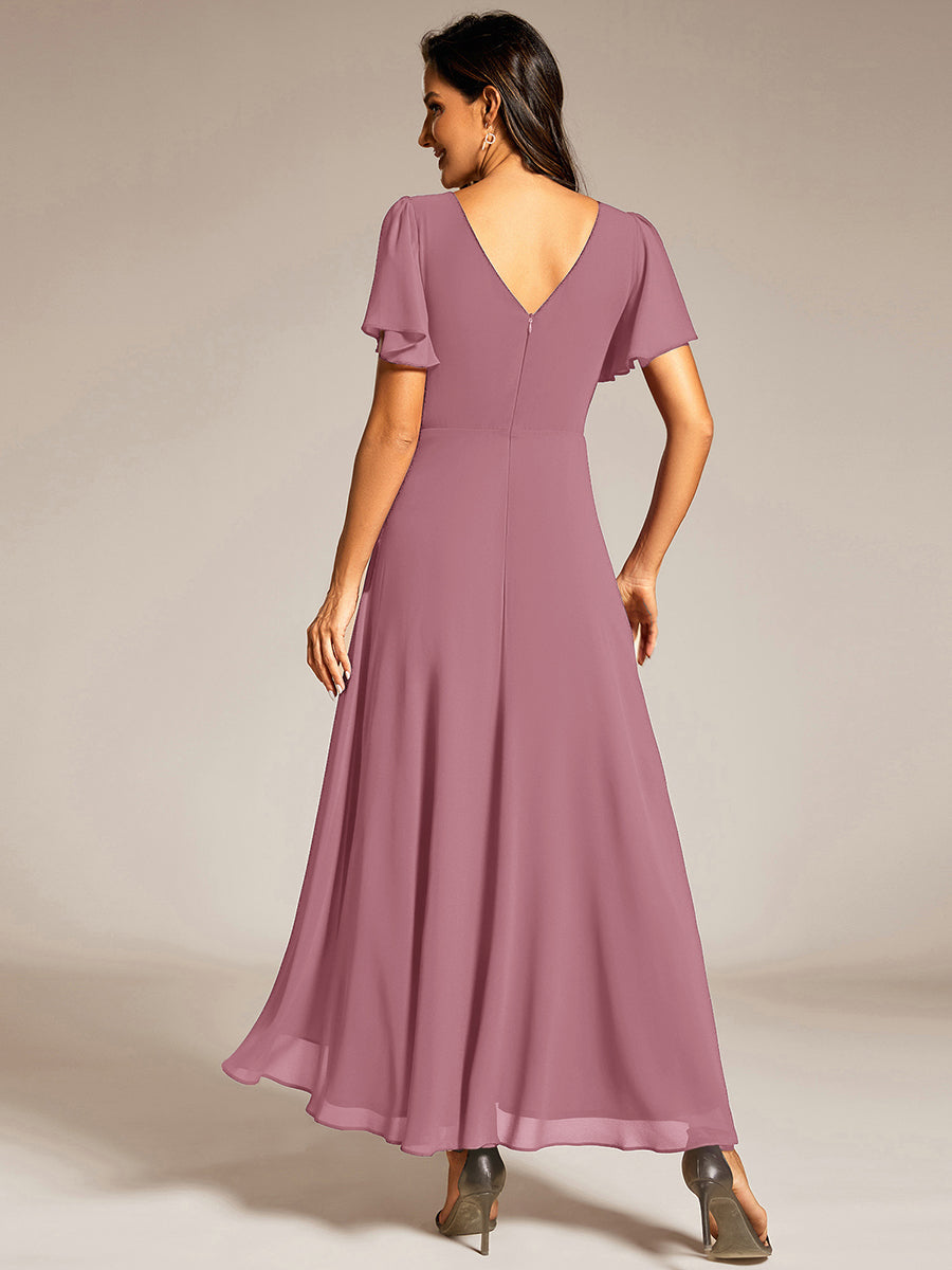 Color=Purple Orchid | Elegant Asymmetrical A-Line Skirt Nine-Length Chiffon Dresses with Ruffles Sleeves - EE41988-Purple Orchid 2
