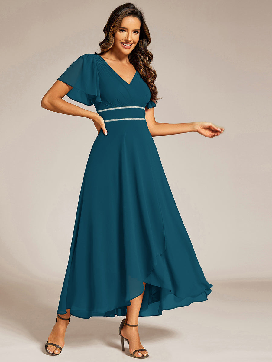 Color=Teal Blue | Elegant Asymmetrical A-Line Skirt Nine-Length Chiffon Dresses with Ruffles Sleeves - EE41988-Teal Blue 3