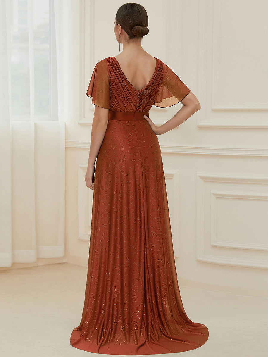 Color=Burnt Orange | Deep V Neck Ruffles Sleeve A Line Wholesale Evening Dresses-Burnt Orange 2