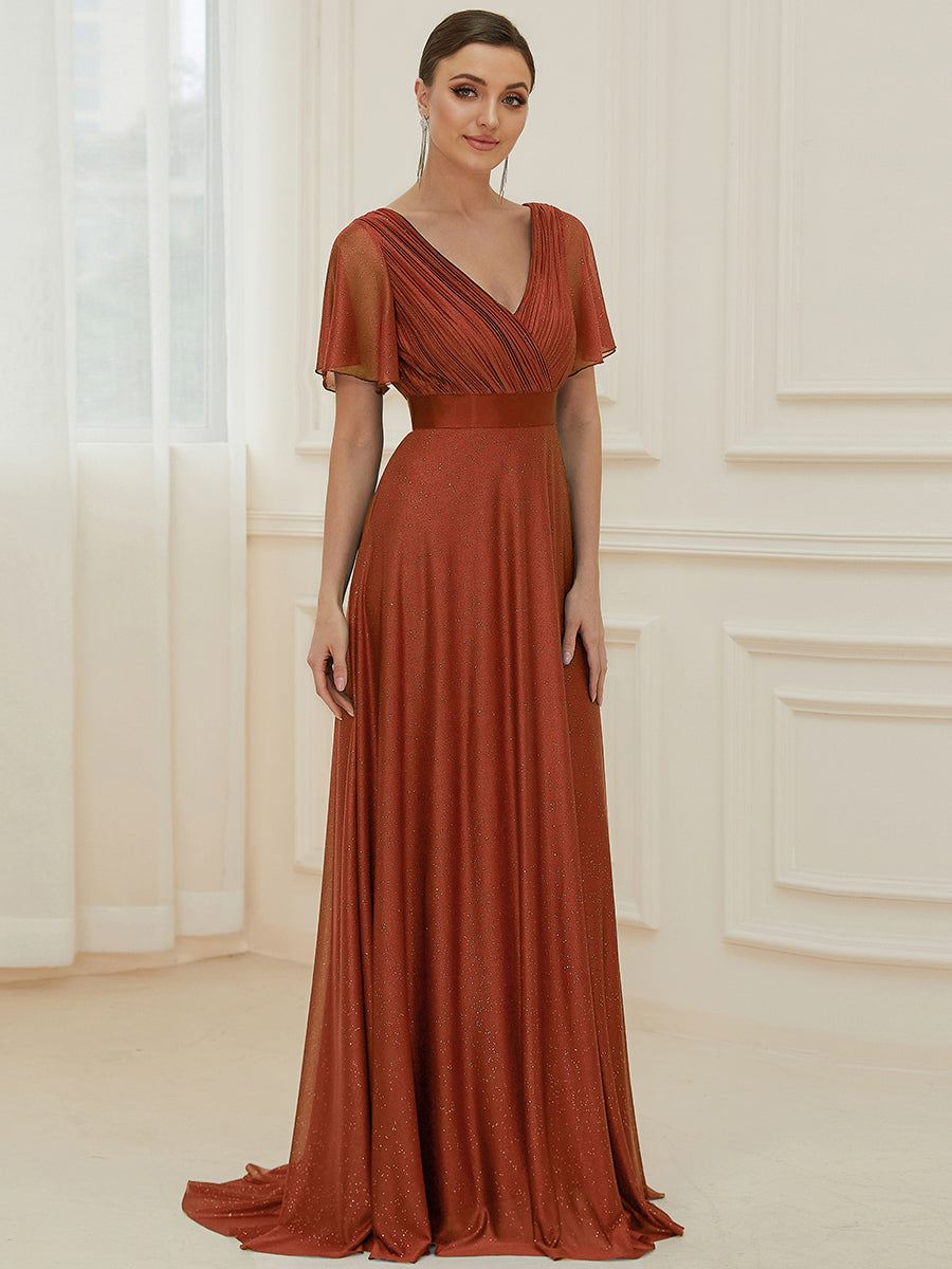 Color=Burnt Orange | Deep V Neck Ruffles Sleeve A Line Wholesale Evening Dresses-Burnt Orange 3