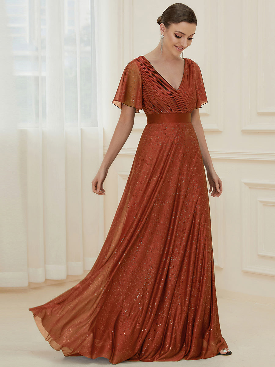 Color=Burnt Orange | Deep V Neck Ruffles Sleeve A Line Wholesale Evening Dresses-Burnt Orange 4