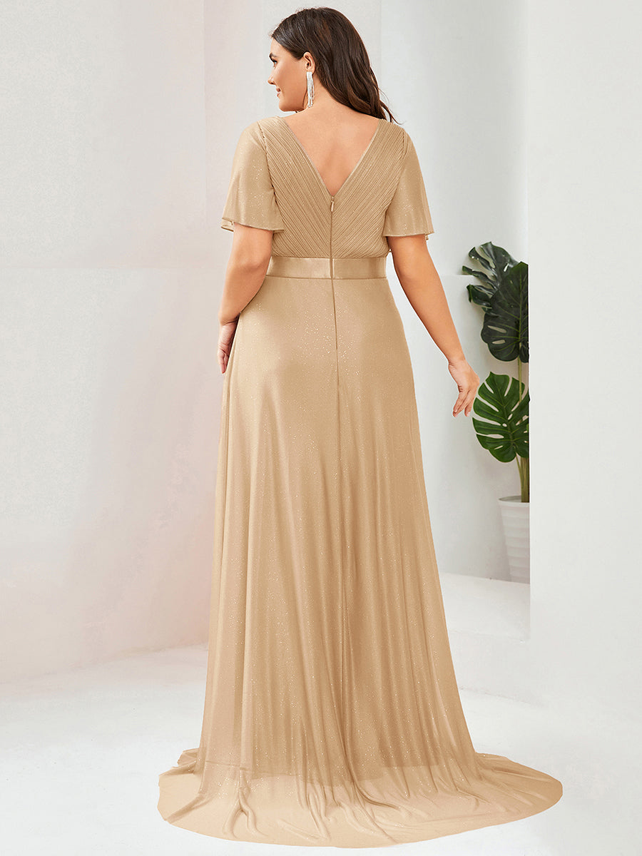 Color=Gold | Industrial Use Short Sleeve Ruffle Deep V-Neck Pleated A-Line Floor Length Evening Dresses-Gold 7
