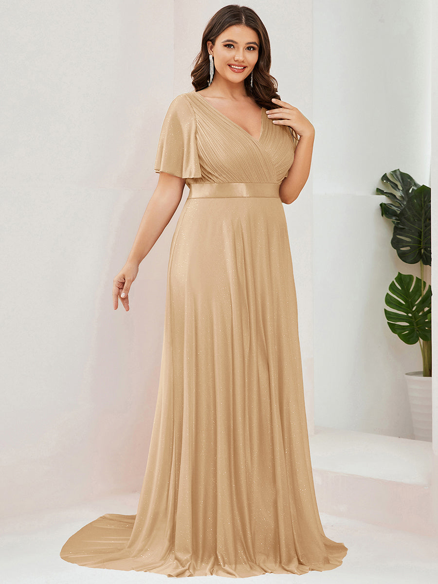 Color=Gold | Industrial Use Short Sleeve Ruffle Deep V-Neck Pleated A-Line Floor Length Evening Dresses-Gold 9