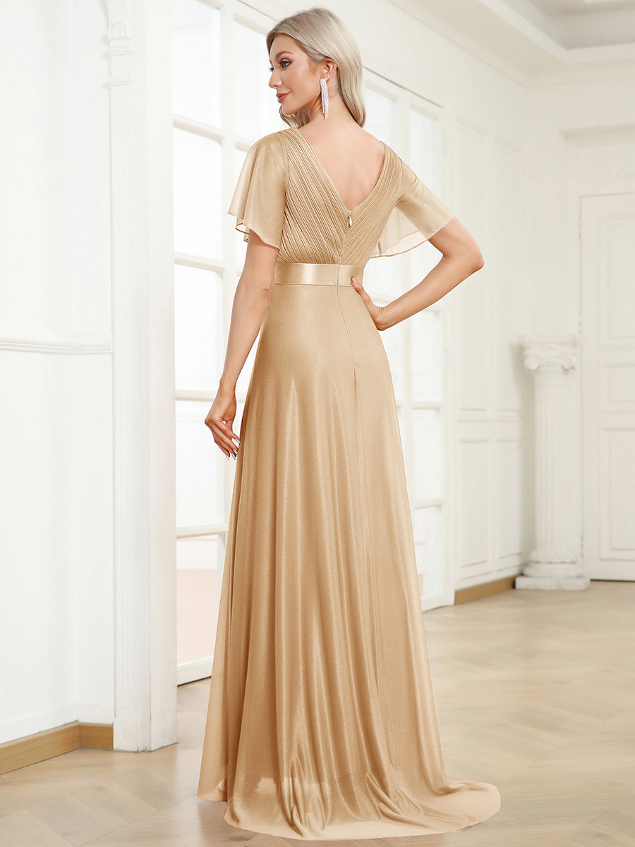 Color=Gold | Industrial Use Short Sleeve Ruffle Deep V-Neck Pleated A-Line Floor Length Evening Dresses-Gold 2