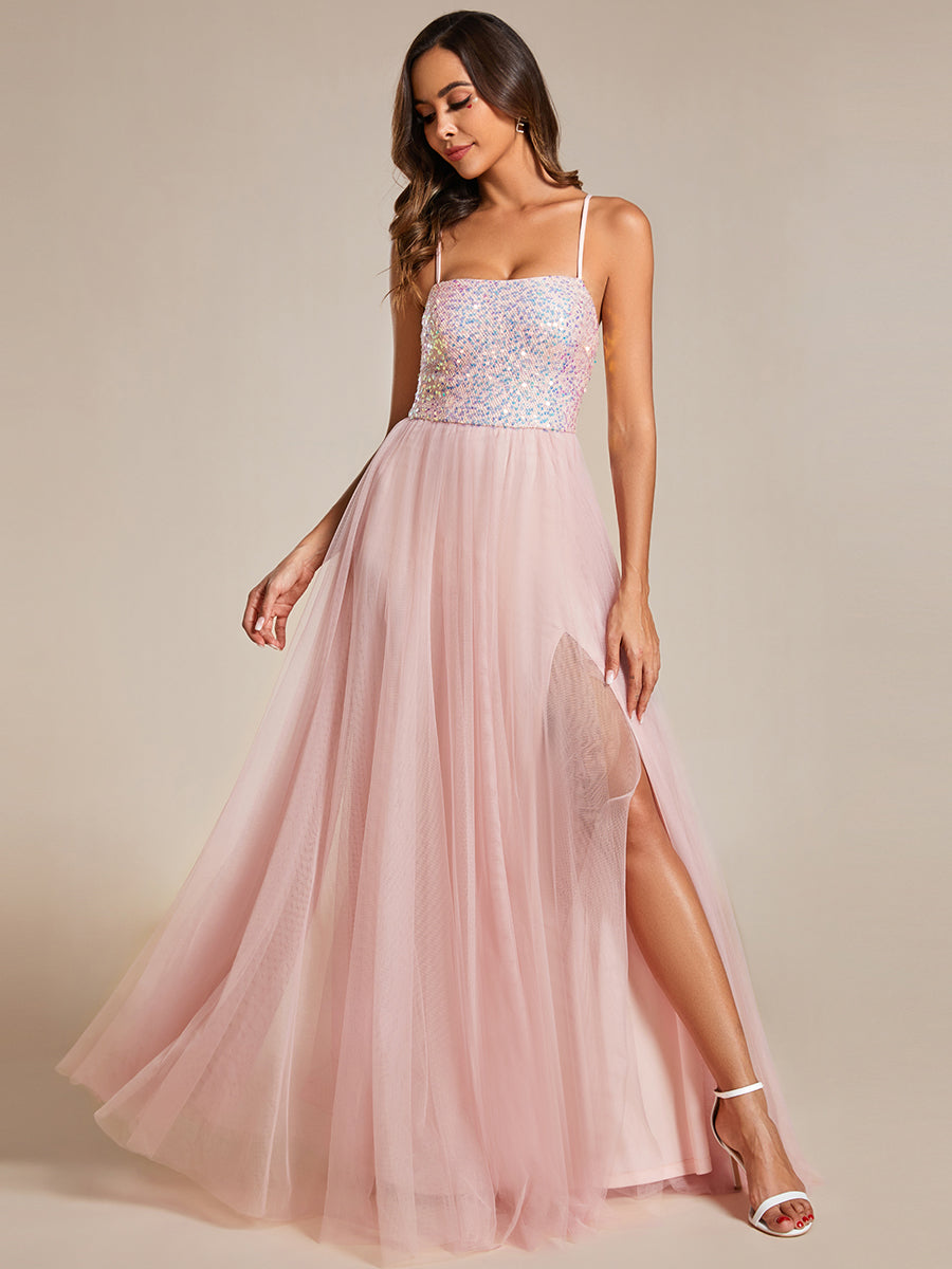 Color=Pink | Sequin Tulle Spaghetti Strap High Split Wholesale Bridesmaid Dress-Pink 1