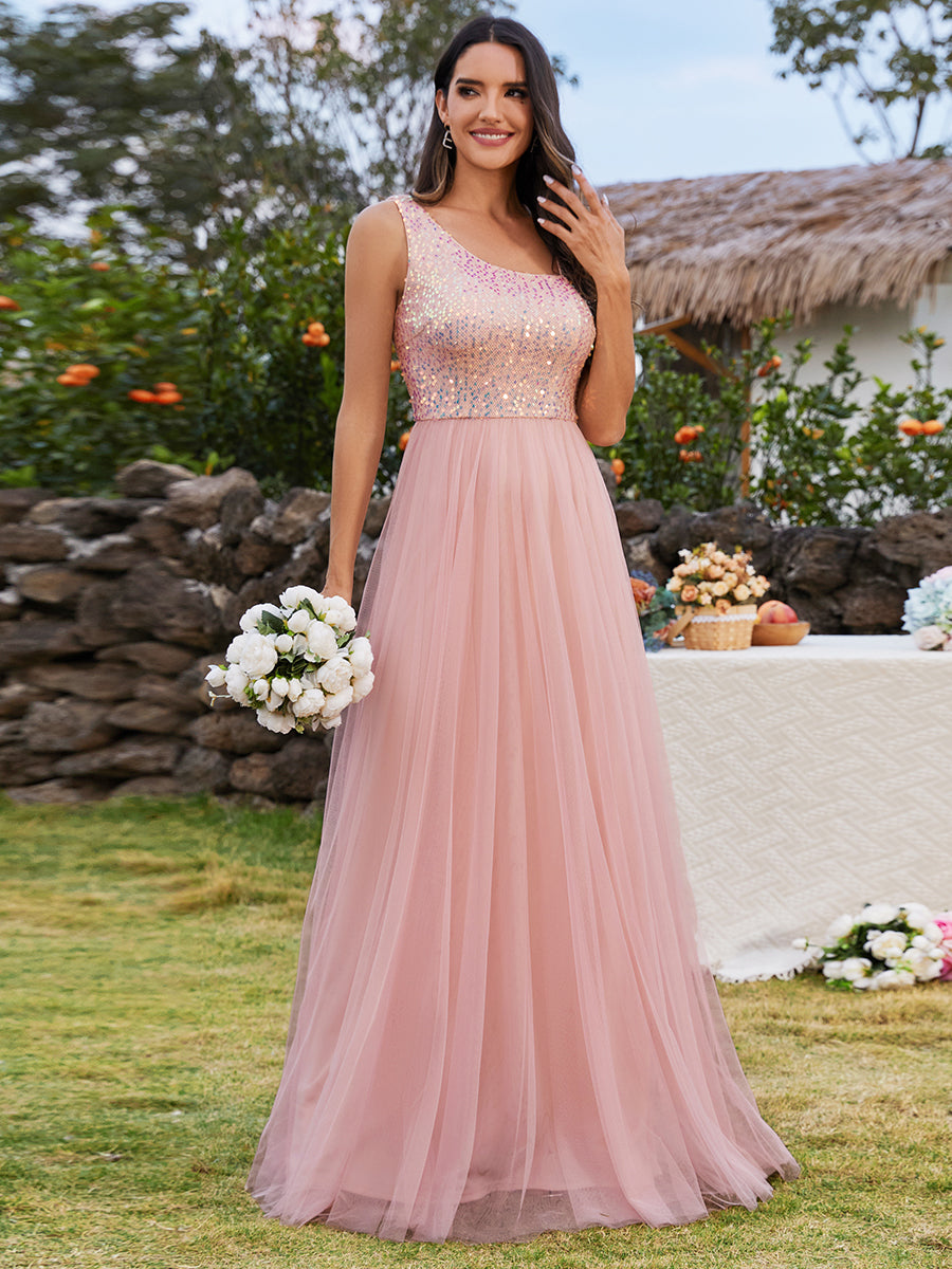 Color=Pink | Maxi Long Sequin One Shoulder Tulle Wholesale Bridesmaid Dress-Pink 1