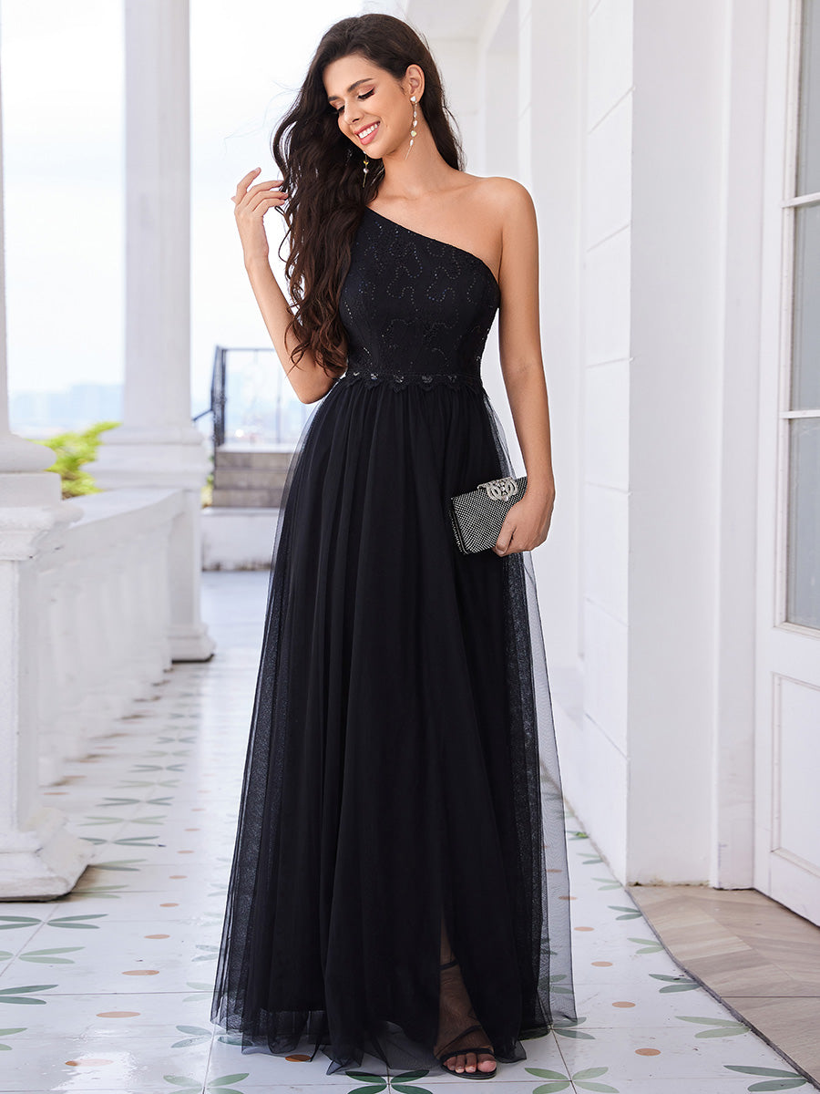 Color=Black | Romantic Asymmetric One Shoulder Side Split A-Line Tulle Dress with Lace Sequin Empire Waist Evening Dress-Black 3