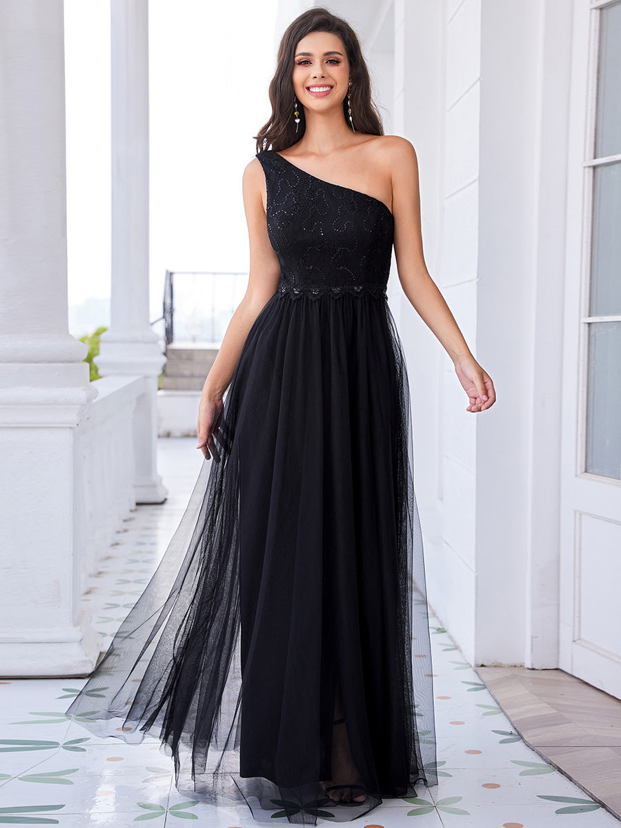 Color=Black | Romantic Asymmetric One Shoulder Side Split A-Line Tulle Dress with Lace Sequin Empire Waist Evening Dress-Black 4