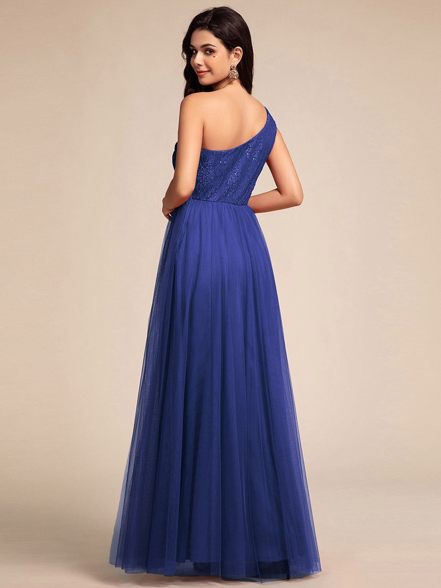 Color=Sapphire Blue | Romantic Asymmetric One Shoulder Side Split A-Line Tulle Dress with Lace Sequin Empire Waist Evening Dress-Sapphire Blue 12
