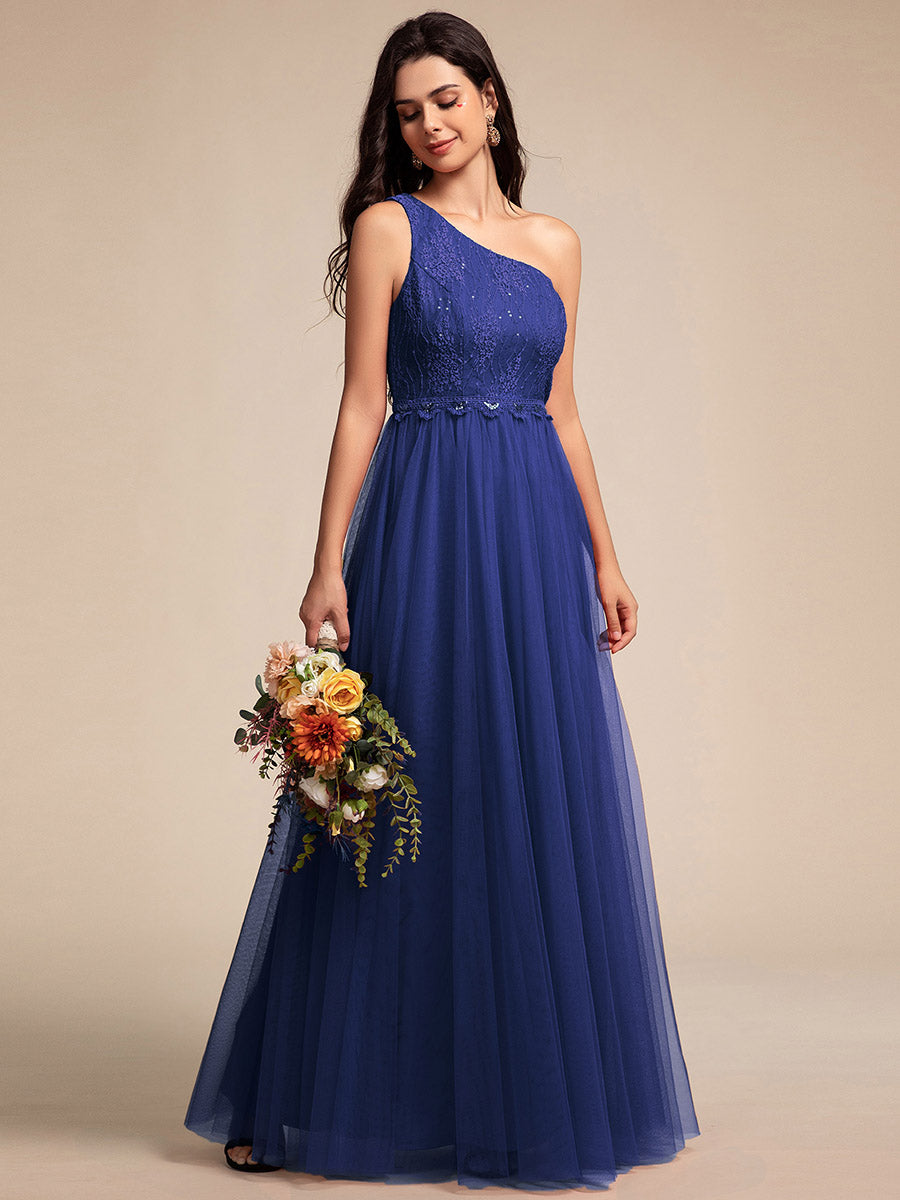 Color=Sapphire Blue | Romantic Asymmetric One Shoulder Side Split A-Line Tulle Dress with Lace Sequin Empire Waist Evening Dress-Sapphire Blue 13