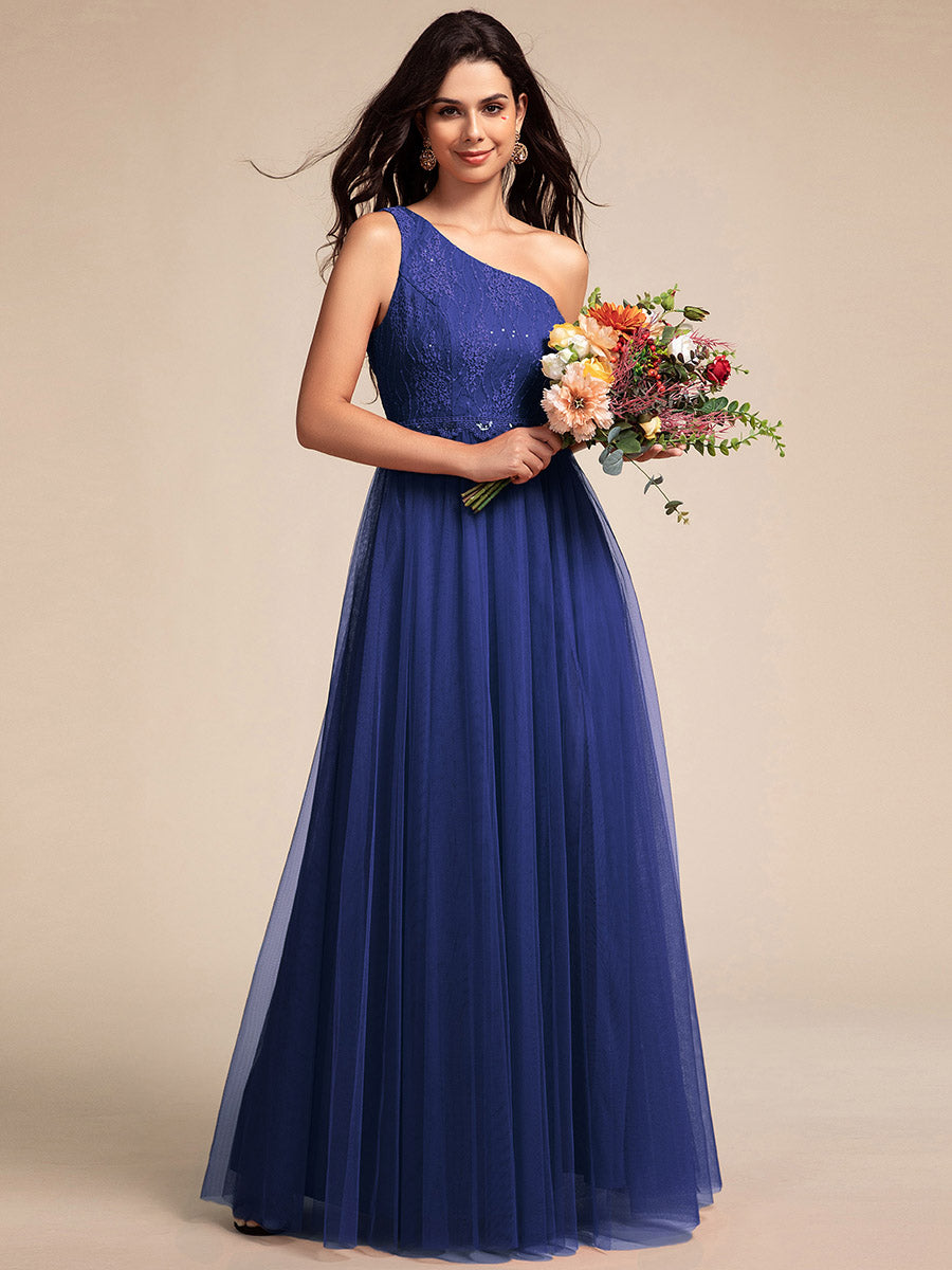 Color=Sapphire Blue | Romantic Asymmetric One Shoulder Side Split A-Line Tulle Dress with Lace Sequin Empire Waist Evening Dress-Sapphire Blue 14