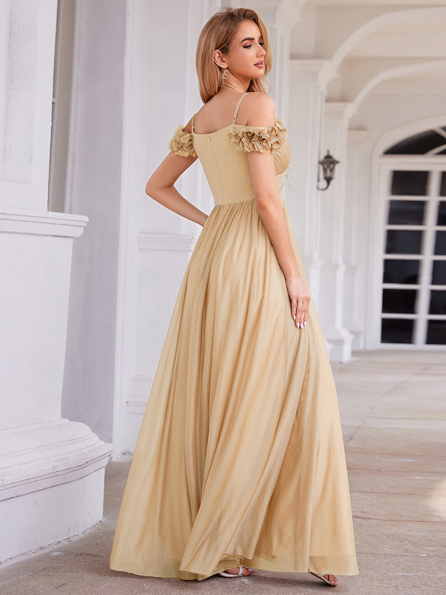 Color=Gold | Industrial Use Glittery Sleeveless V-Neck A-Line Floor Length Evening Dresses-Gold 2