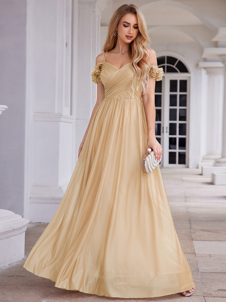 Color=Gold | Industrial Use Glittery Sleeveless V-Neck A-Line Floor Length Evening Dresses-Gold 5