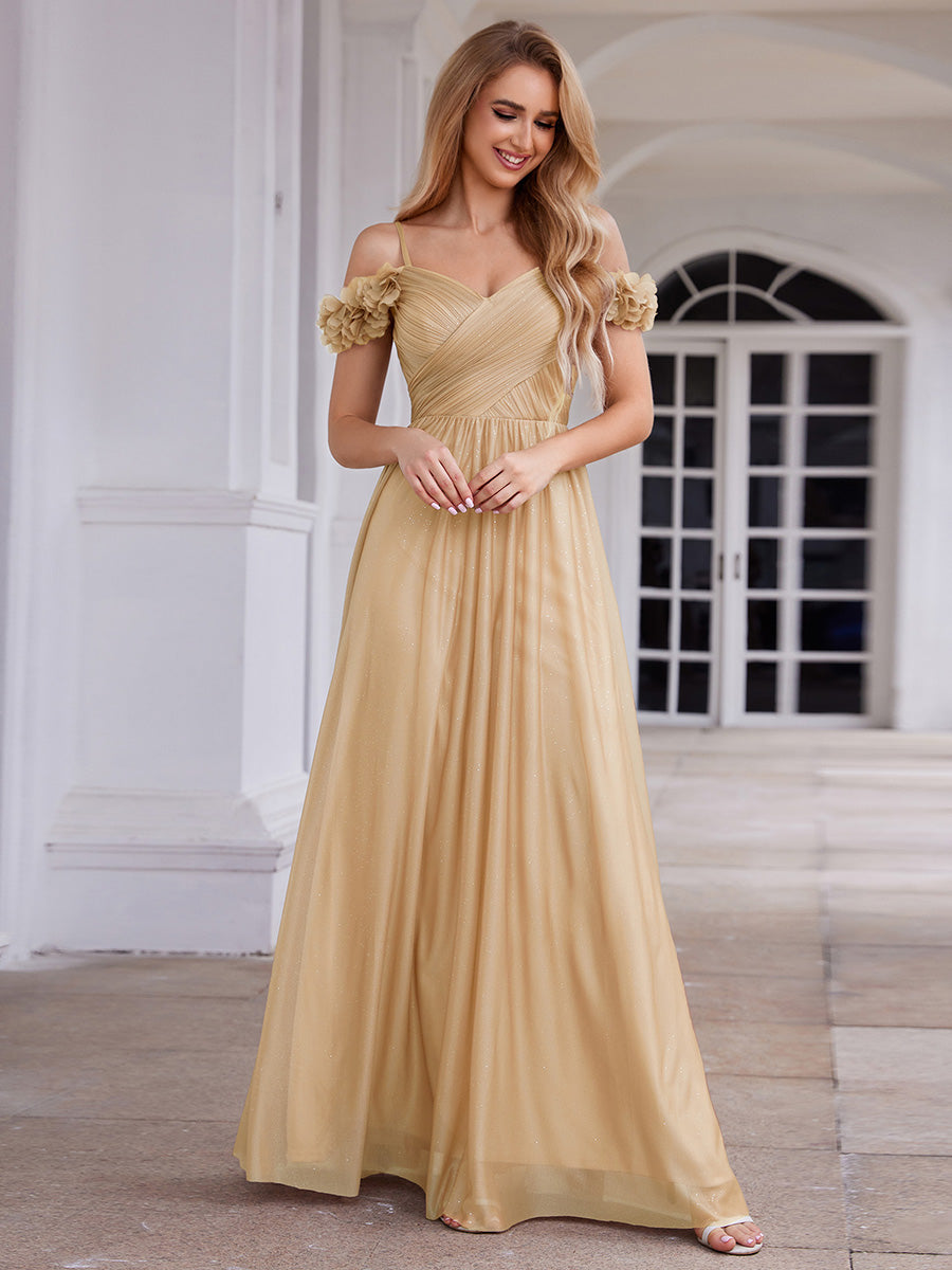 Color=Gold | Industrial Use Glittery Sleeveless V-Neck A-Line Floor Length Evening Dresses-Gold 1