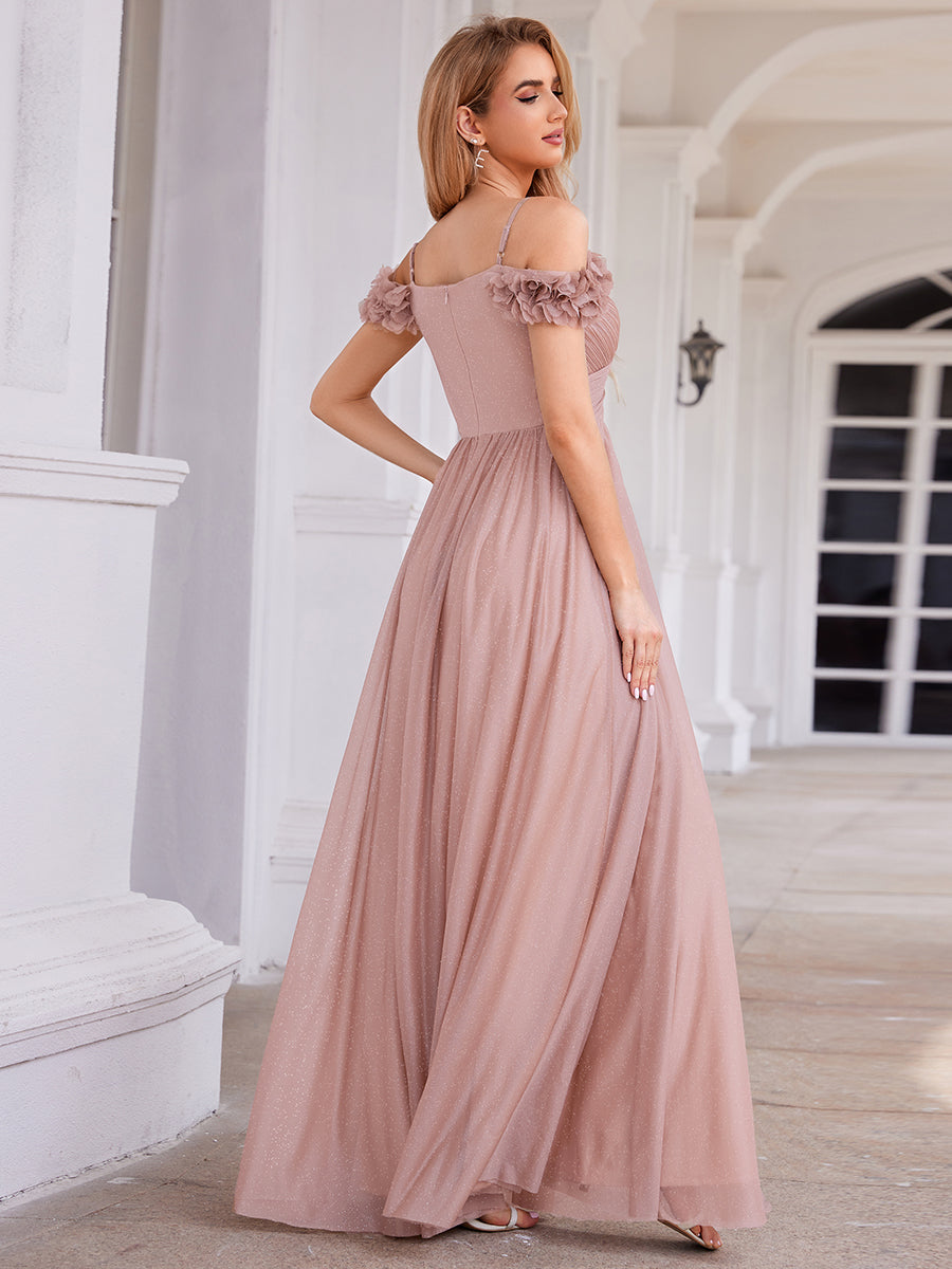 Color=Pink | One Stop Shop Glitter V-Neck Sleeveless A-Line Floor Length Evening Dresses-Pink 2
